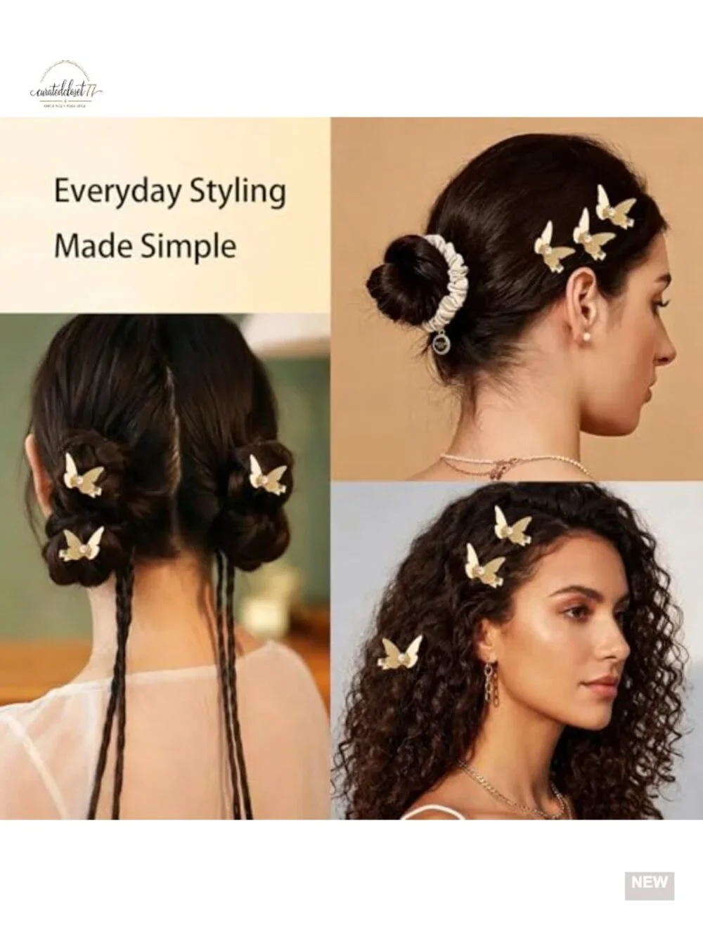 3PCS Gold Butterfly Hair Clips for Women 1.7x1inch Mini Pearl Clip Nonslip Bangs